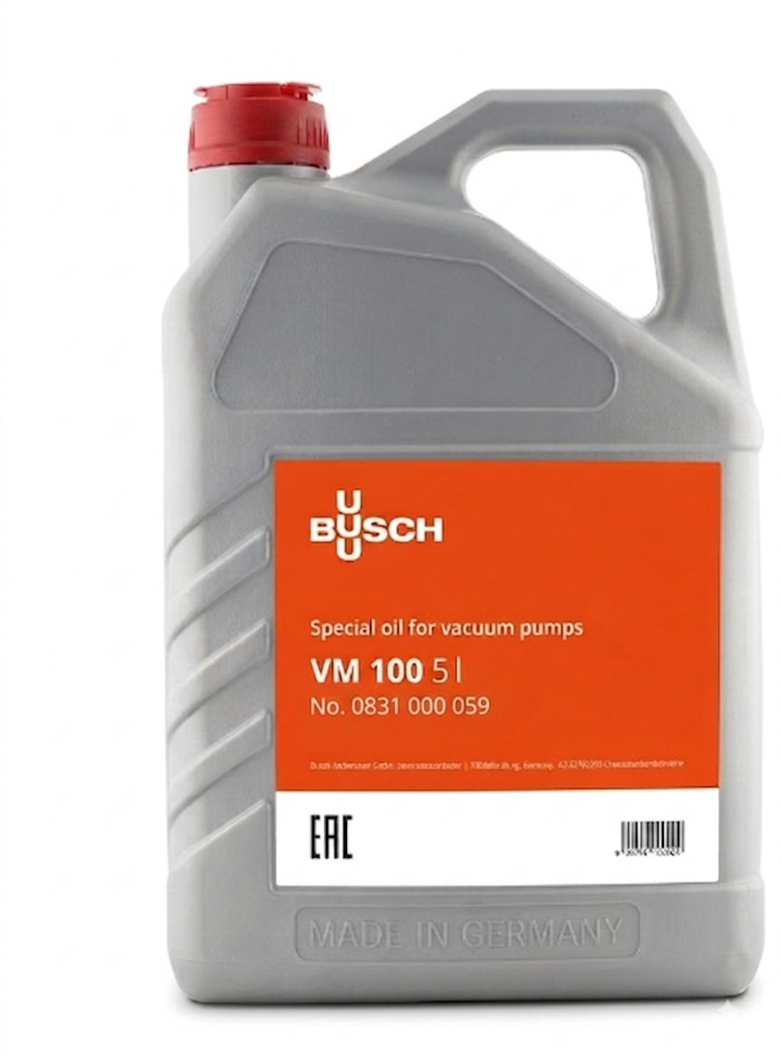 A gray plastic jug of BUSCH VM 100 5L special oil for vacuum pumps, featuring a bright orange label and a red cap, on a white background.