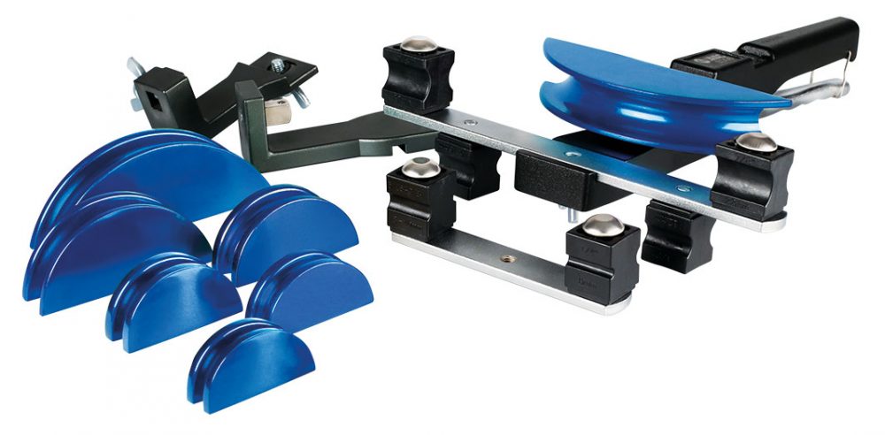 Set of blue and black tube bending components on a white background