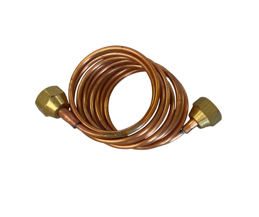 A coiled copper refrigerant hose with brass fittings on both ends, isolated on a white background.