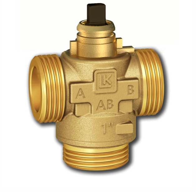 A brass cross valve with threaded connections on all sides, featuring embossed letters A, AB, and B, and a black handle on top, shown on a white background with a soft shadow.