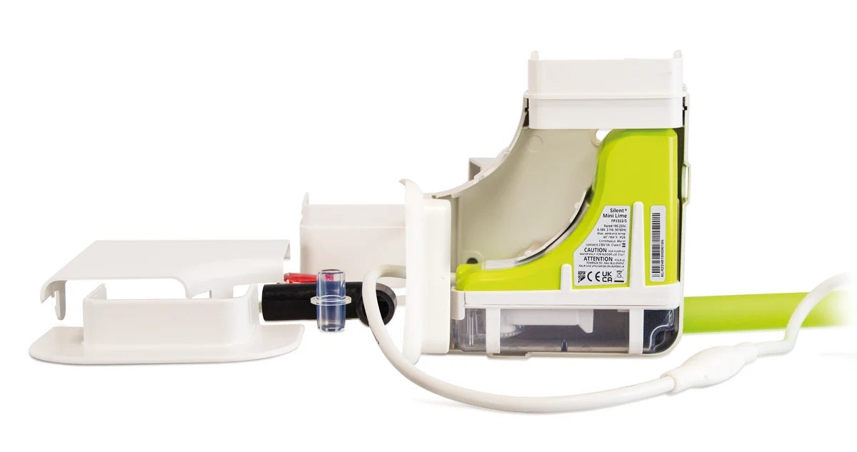A white and lime green electronic device with a white cord, shown on a clean white background with its side cover removed to reveal internal components.