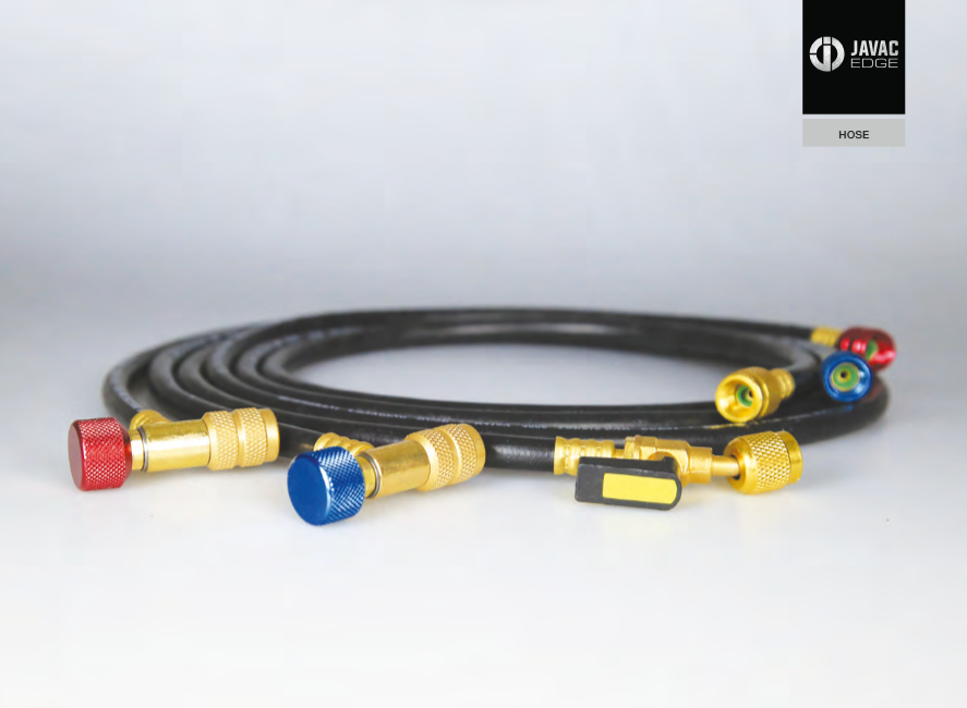 Black charging hoses with blue and red caps