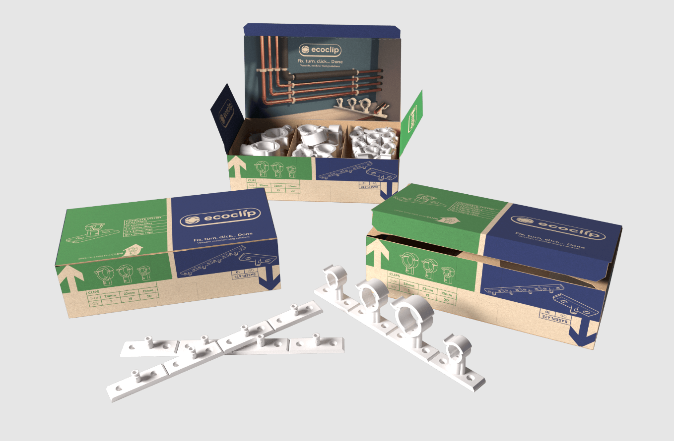 Boxes of Eco System Multi Pack White pipe clips, with visible clips and packaging.