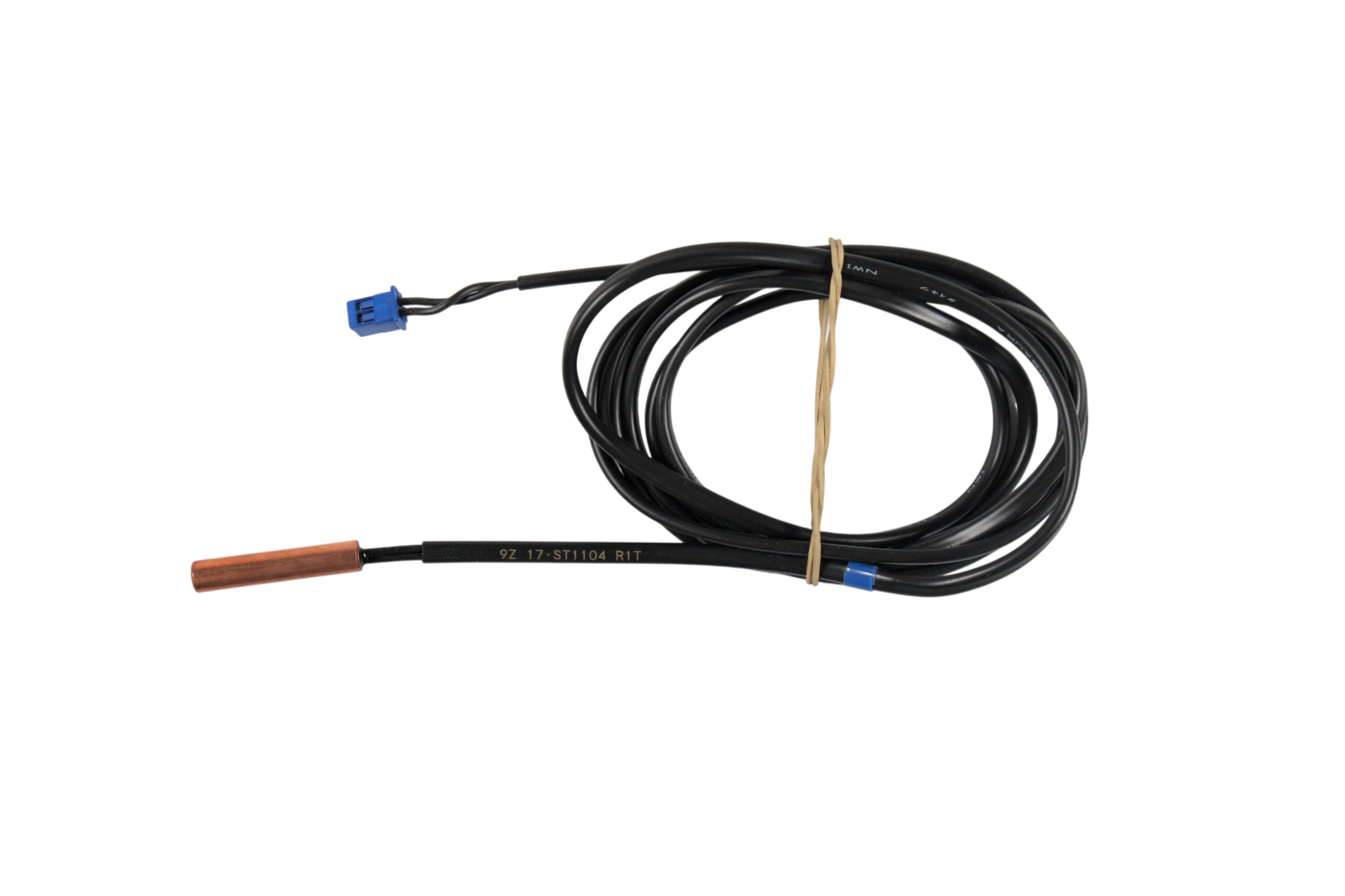 A coiled black cable assembly with a blue connector on one end and a copper probe on the other, secured with a tan rubber band, shown on a plain white background.