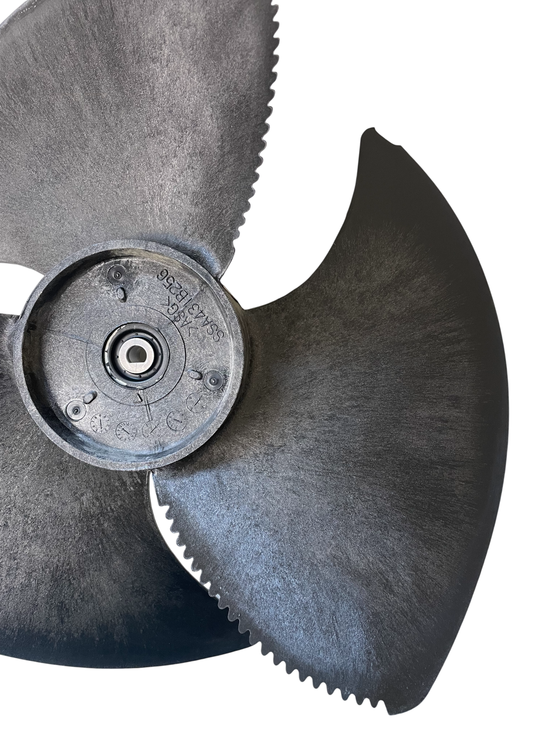 A dark gray plastic centrifugal fan impeller with three curved blades and serrated edges, shown against a plain white background.
